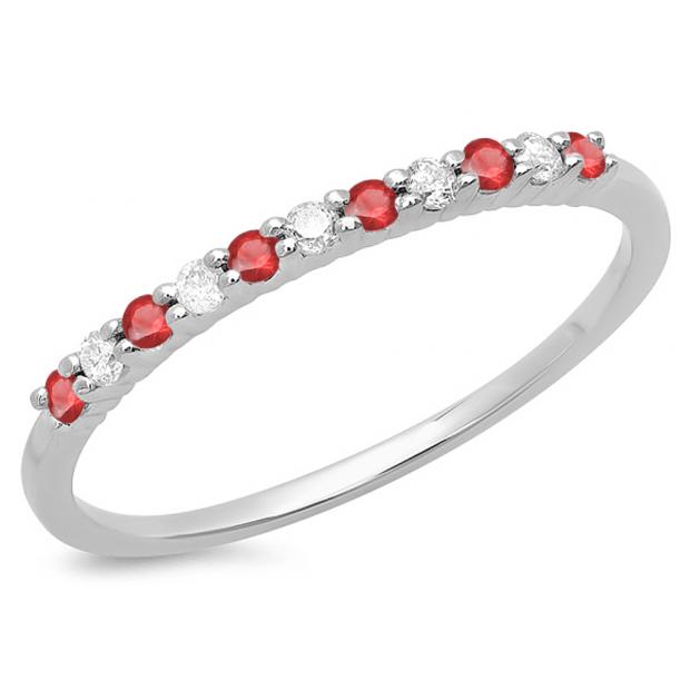 0.20 Carat (ctw) 14K White Gold Round Cut Ruby & White Diamond Ladies Stackable Anniversary Wedding Band 1/5 CT