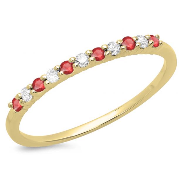 0.20 Carat (ctw) 14K Yellow Gold Round Cut Ruby & White Diamond Ladies Stackable Anniversary Wedding Band 1/5 CT