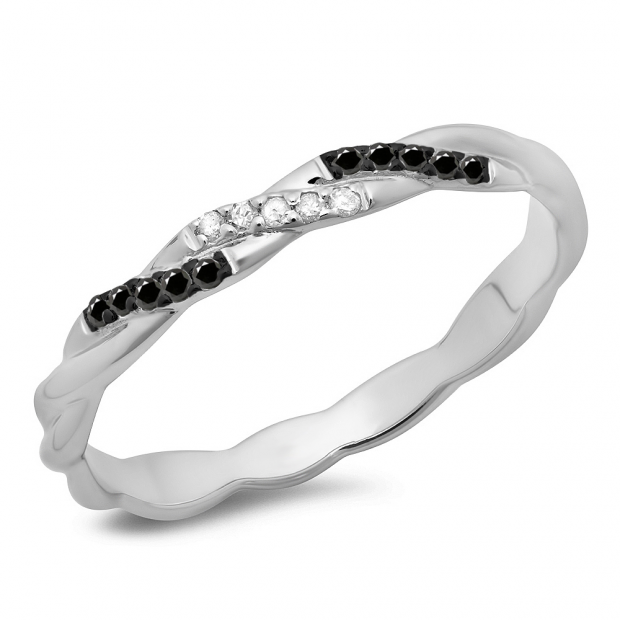 0.10 Carat (ctw) 14K White Gold Round Cut Black & White Diamond Ladies Swirl Anniversary Wedding Band Stackable Ring 1/10 CT