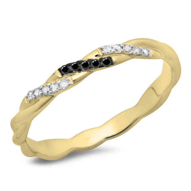0.10 Carat (ctw) 10K Yellow Gold Round Cut Black & White Diamond Ladies Swirl Anniversary Wedding Band Stackable Ring 1/10 CT