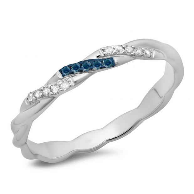 0.10 Carat (ctw) 10K White Gold Round Cut Blue & White Diamond Ladies Swirl Anniversary Wedding Band Stackable Ring 1/10 CT