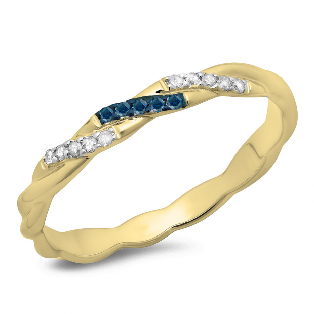 0.10 Carat (ctw) 10K Yellow Gold Round Cut Blue & White Diamond Ladies Swirl Anniversary Wedding Band Stackable Ring 1/10 CT