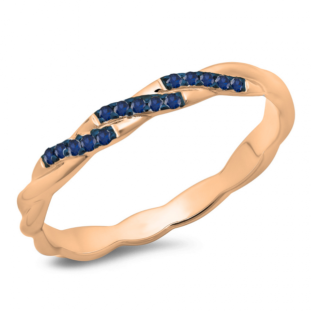 0.10 Carat (ctw) 10K Rose Gold Round Cut Blue Sapphire Ladies Swirl Anniversary Wedding Band Stackable Ring 1/10 CT