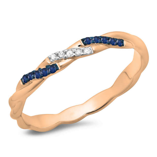 0.10 Carat (ctw) 14K Rose Gold Round Cut Blue Sapphire & White Diamond Ladies Swirl Anniversary Wedding Band Stackable Ring 1/10 CT