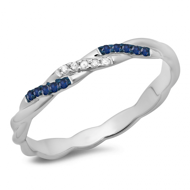 0.10 Carat (ctw) 14K White Gold Round Cut Blue Sapphire & White Diamond Ladies Swirl Anniversary Wedding Band Stackable Ring 1/10 CT