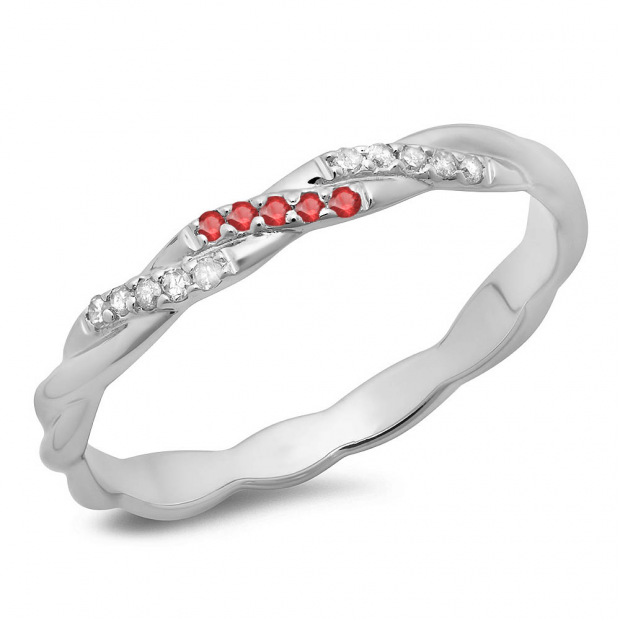 0.10 Carat (ctw) 14K White Gold Round Cut Ruby & White Diamond Ladies Swirl Anniversary Wedding Band Stackable Ring 1/10 CT