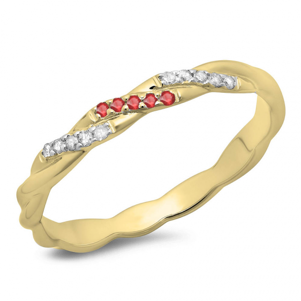 0.10 Carat (ctw) 18K Yellow Gold Round Cut Ruby & White Diamond Ladies Swirl Anniversary Wedding Band Stackable Ring 1/10 CT