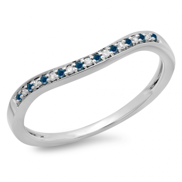 0.10 Carat (ctw) 14K White Gold Round Cut Blue & White Diamond Ladies Stackable Anniversary Wedding Band 1/10 CT