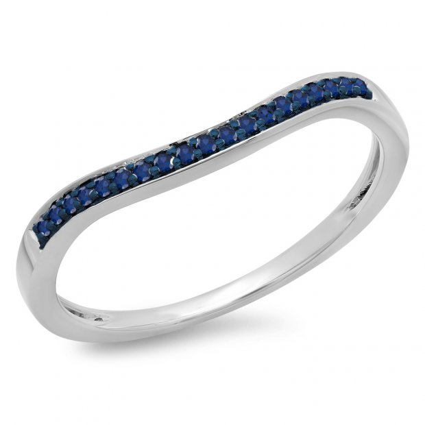 0.10 Carat (ctw) 10K White Gold Round Cut Blue Sapphire Ladies Stackable Anniversary Wedding Band 1/10 CT