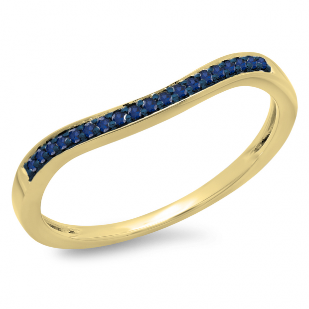 0.10 Carat (ctw) 10K Yellow Gold Round Cut Blue Sapphire Ladies Stackable Anniversary Wedding Band 1/10 CT