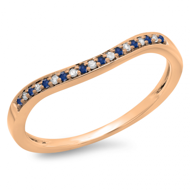 0.10 Carat (ctw) 14K Rose Gold Round Cut Blue Sapphire & White Diamond Ladies Stackable Anniversary Wedding Band 1/10 CT