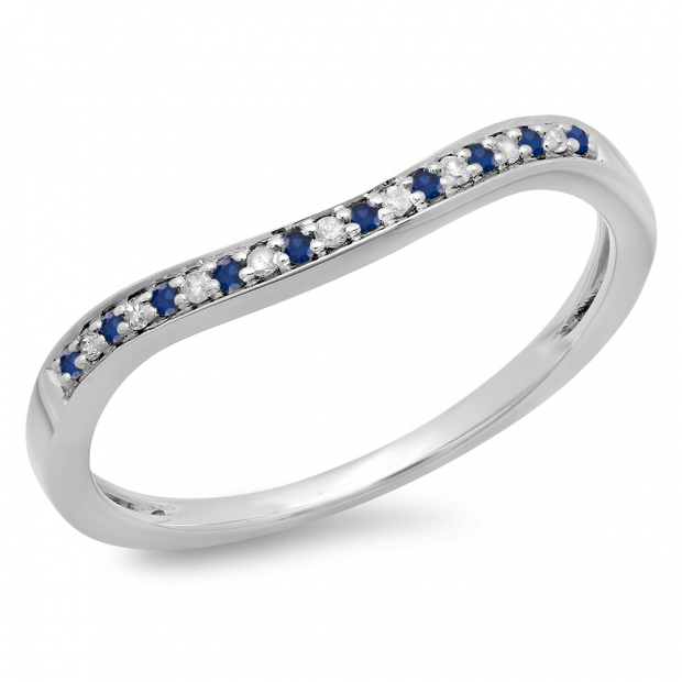 0.10 Carat (ctw) 14K White Gold Round Cut Blue Sapphire & White Diamond Ladies Stackable Anniversary Wedding Band 1/10 CT