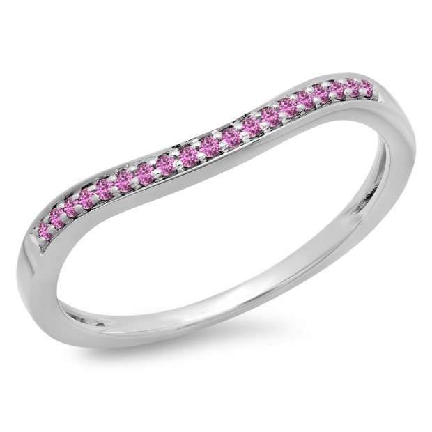 0.10 Carat (ctw) 10K White Gold Round Cut Pink Sapphire Ladies Stackable Anniversary Wedding Band 1/10 CT