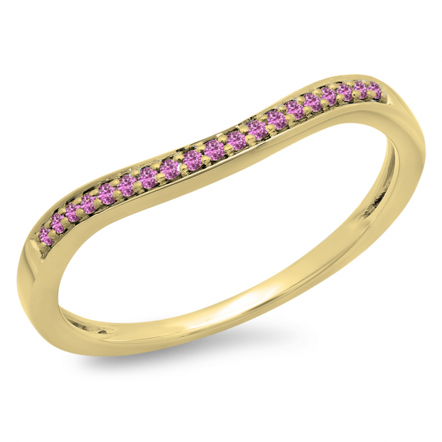 0.10 Carat (ctw) 10K Yellow Gold Round Cut Pink Sapphire Ladies Stackable Anniversary Wedding Band 1/10 CT