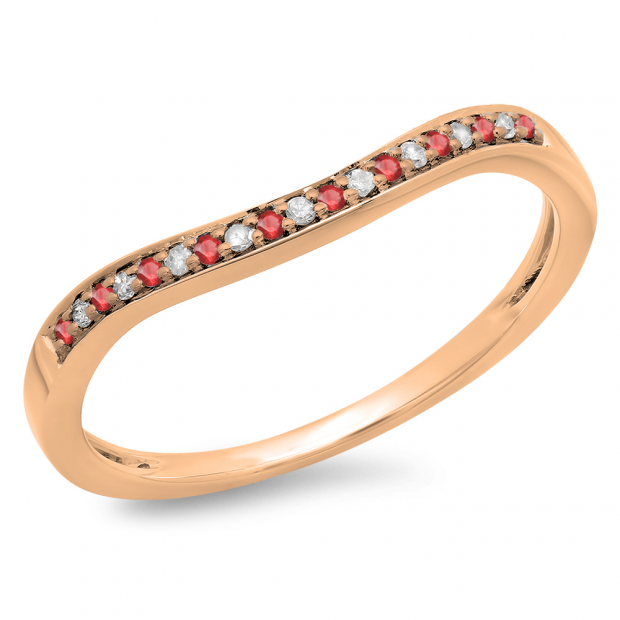 0.10 Carat (ctw) 10K Rose Gold Round Cut Ruby & White Diamond Ladies Stackable Anniversary Wedding Band 1/10 CT