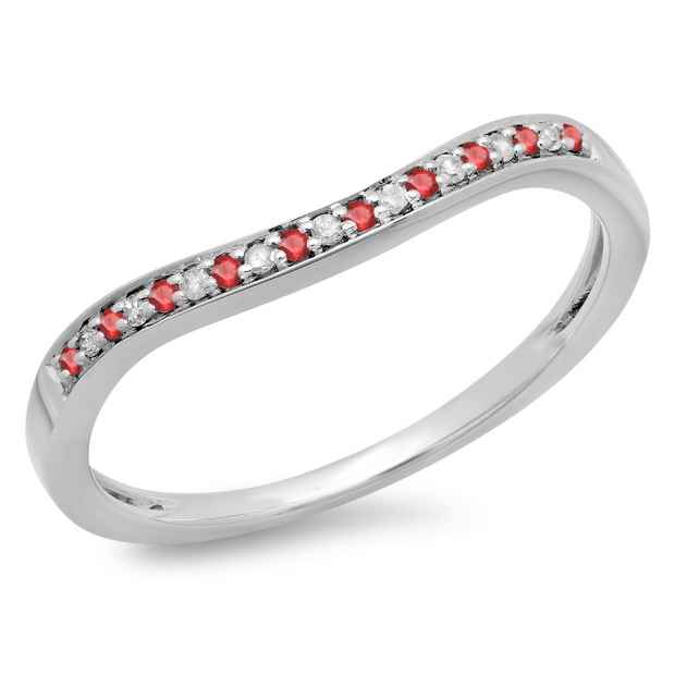 0.10 Carat (ctw) 10K White Gold Round Cut Ruby & White Diamond Ladies Stackable Anniversary Wedding Band 1/10 CT