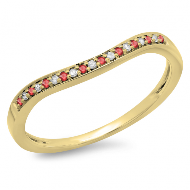 0.10 Carat (ctw) 10K Yellow Gold Round Cut Ruby & White Diamond Ladies Stackable Anniversary Wedding Band 1/10 CT