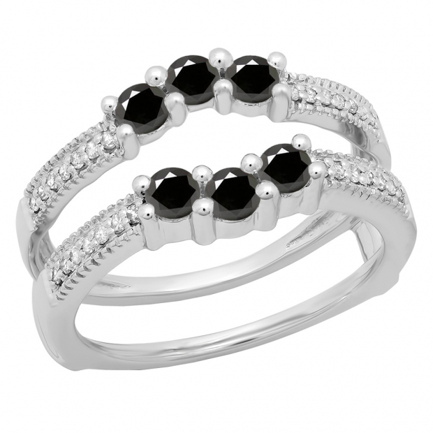 0.80 Carat (ctw) 10K White Gold Round Cut Black & White Diamond Ladies Anniversary Wedding Band 3 Stone Enhancer Guard Double Ring 3/4 CT