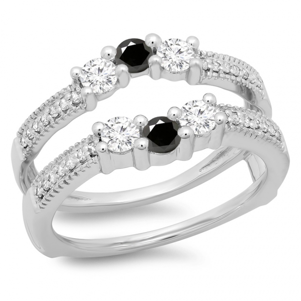 0.80 Carat (ctw) 10K White Gold Round Cut Black & White Diamond Ladies Anniversary Wedding Band 3 Stone Enhancer Guard Double Ring 3/4 CT