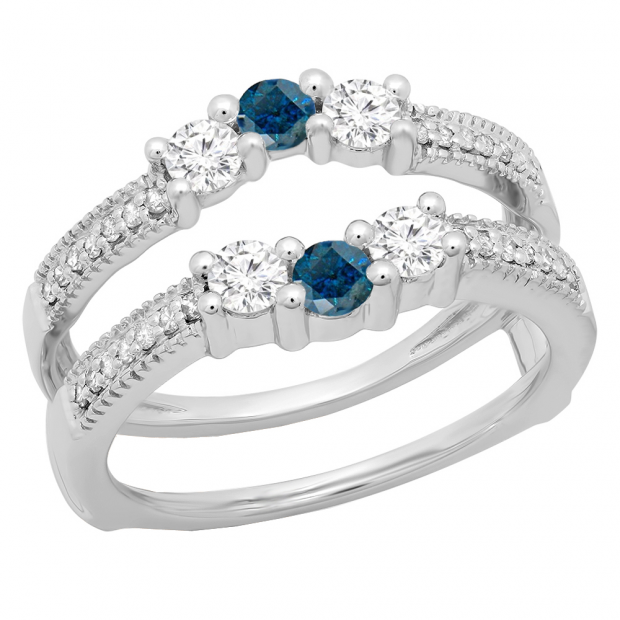 0.80 Carat (ctw) 18K White Gold Round Cut Blue & White Diamond Ladies Anniversary Wedding Band 3 Stone Enhancer Guard Double Ring 3/4 CT