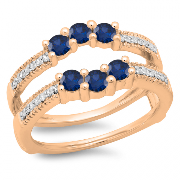 0.80 Carat (ctw) 14K Rose Gold Round Cut Blue Sapphire & White Diamond Ladies Anniversary Wedding Band 3 Stone Enhancer Guard Double Ring 3/4 CT