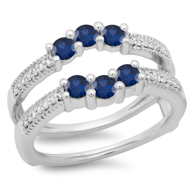 0.80 Carat (ctw) 18K White Gold Round Cut Blue Sapphire & White Diamond Ladies Anniversary Wedding Band 3 Stone Enhancer Guard Double Ring 3/4 CT