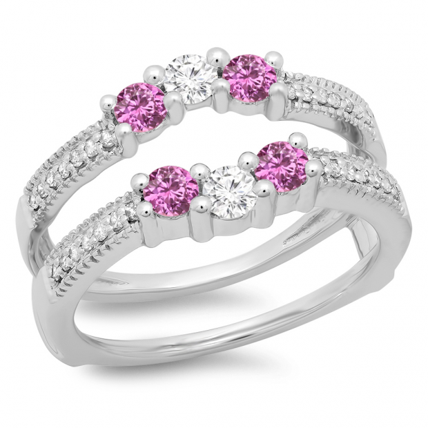 0.80 Carat (ctw) 14K White Gold Round Cut Pink Sapphire & White Diamond Ladies Anniversary Wedding Band 3 Stone Enhancer Guard Double Ring 3/4 CT