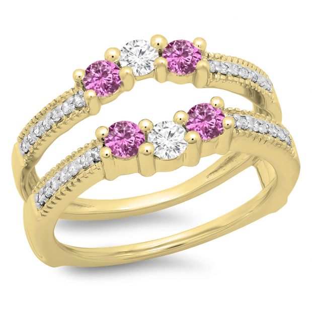 0.80 Carat (ctw) 14K Yellow Gold Round Cut Pink Sapphire & White Diamond Ladies Anniversary Wedding Band 3 Stone Enhancer Guard Double Ring 3/4 CT
