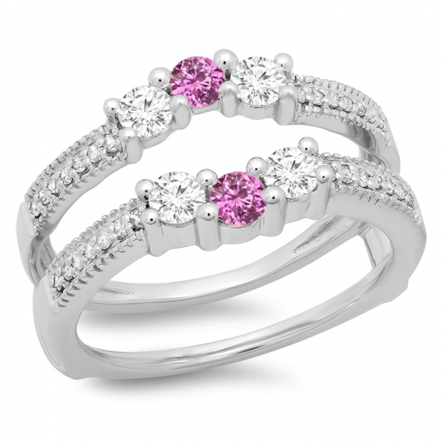 0.80 Carat (ctw) 18K White Gold Round Cut Pink Sapphire & White Diamond Ladies Anniversary Wedding Band 3 Stone Enhancer Guard Double Ring 3/4 CT