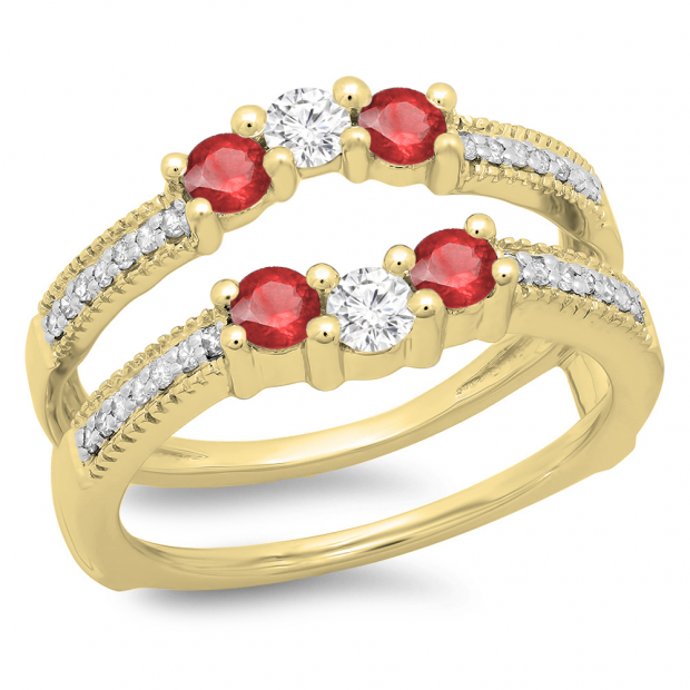 0.80 Carat (ctw) 14K Yellow Gold Round Cut Ruby & White Diamond Ladies Anniversary Wedding Band 3 Stone Enhancer Guard Double Ring 3/4 CT