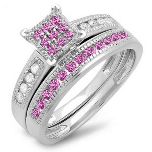 0.55 Carat (ctw) 10K White Gold Round Pink Sapphire & White Diamond Ladies Engagement Bridal Ring Matching Band Set 1/2 CT