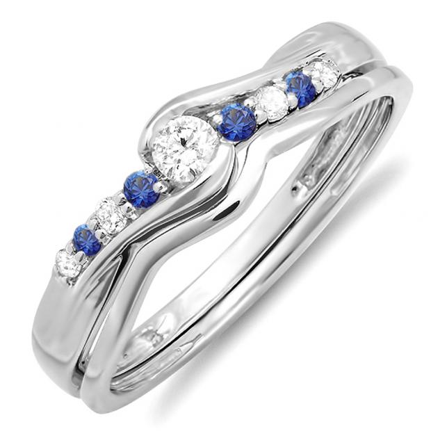 0.23 Carat (ctw) 10K White Gold Round Blue Sapphire & White Diamond Ladies Bridal Promise Engagement Ring Set 1/4 CT