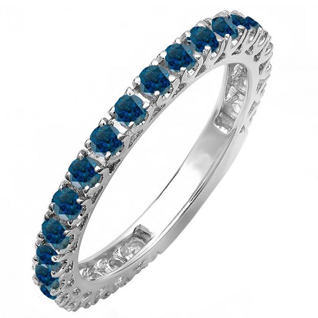 0.98 Carat (ctw) 18K White Gold Round Blue Diamond Eternity Sizeable Stackable Ring Anniversary Wedding Band