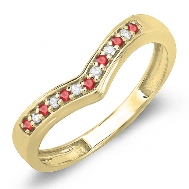 0.15 Carat (ctw) 10K Yellow Gold Round Real Ruby & White Diamond Wedding Stackable Band Anniversary Guard Chevron Ring