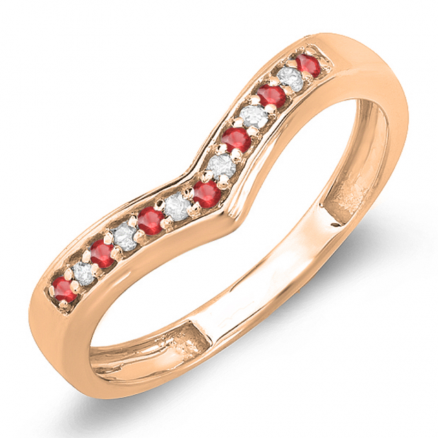 0.15 Carat (ctw) 14K Rose Gold Round Real Ruby & White Diamond Wedding Stackable Band Anniversary Guard Chevron Ring