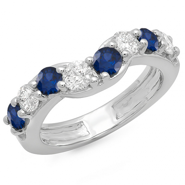 1.00 Carat (ctw) 10K White Gold Round Alternate White Diamond & Blue Sapphire Ladies Anniversary Wedding Band Matching Ring 1 CT