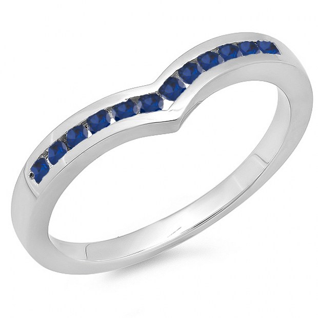 0.25 Carat (ctw) 18K White Gold Round Blue Sapphire Ladies Anniversary Wedding Stackable Band Guard Chevron Ring 1/4 CT