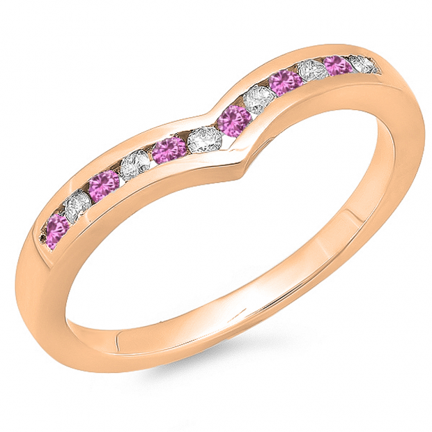 0.25 Carat (ctw) 10K Rose Gold Round Pink Sapphire & White Diamond Ladies Anniversary Wedding Stackable Band Guard Chevron Ring 1/4 CT