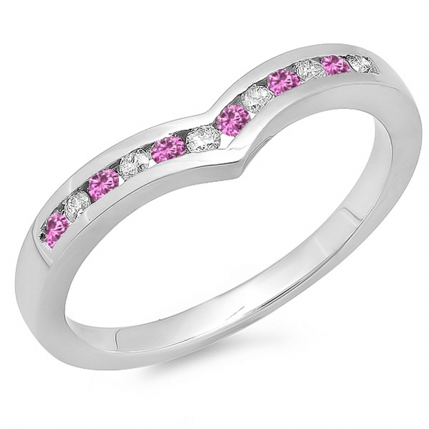0.25 Carat (ctw) 10K White Gold Round Pink Sapphire & White Diamond Ladies Anniversary Wedding Stackable Band Guard Chevron Ring 1/4 CT