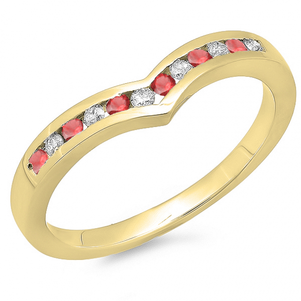 0.25 Carat (ctw) 18K Yellow Gold Round Ruby & White Diamond Ladies Anniversary Wedding Stackable Band Guard Chevron Ring 1/4 CT