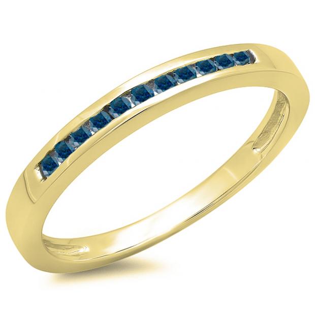 0.15 Carat (ctw) 10K Yellow Gold Round Blue Diamond Ladies Anniversary Wedding Band Stackable Ring