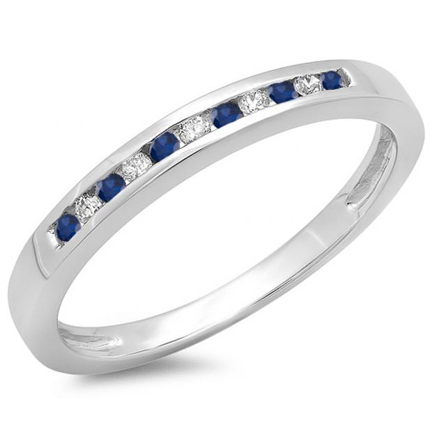 0.15 Carat (ctw) 18K White Gold Round Blue Sapphire & White Diamond Ladies Anniversary Wedding Band Stackable Ring