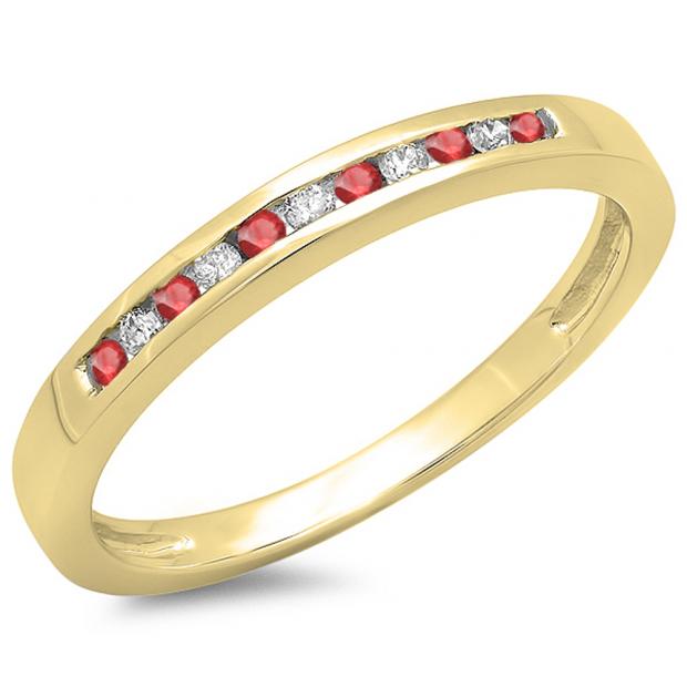 0.15 Carat (ctw) 10K Yellow Gold Round Ruby & White Diamond Ladies Anniversary Wedding Band Stackable Ring