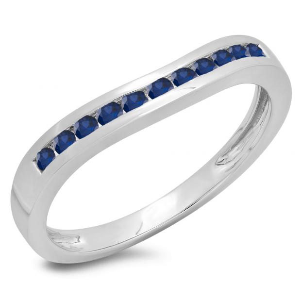0.25 Carat (ctw) 14K White Gold Round Cut Blue Sapphire Ladies Anniversary Wedding Band Stackable Ring 1/4 CT