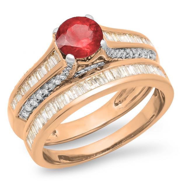 1.25 Carat (ctw) 10K Rose Gold Round & Baguette Cut Ruby & White Diamond Ladies Vintage Bridal Engagement Ring Set 1 1/4 CT
