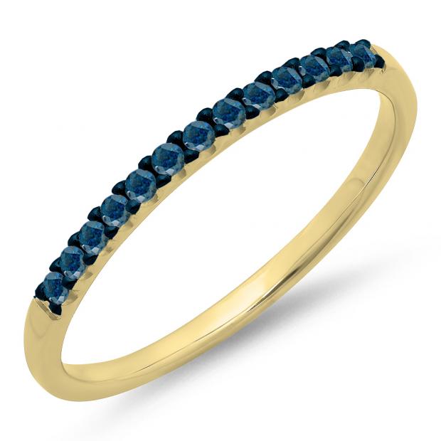 0.15 Carat (ctw) 10k Yellow Gold Round Blue Diamond Ladies Anniversary Wedding Band Stackable Ring