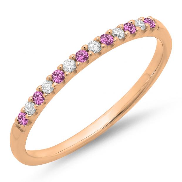 0.15 Carat (ctw) 10k Rose Gold Round Pink Sapphire & White Diamond Ladies Anniversary Wedding Band Stackable Ring