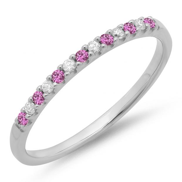 0.15 Carat (ctw) 10k White Gold Round Pink Sapphire & White Diamond Ladies Anniversary Wedding Band Stackable Ring