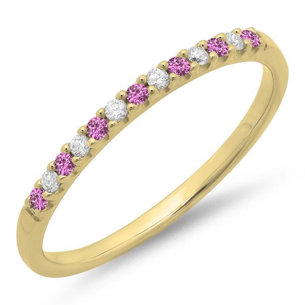 0.15 Carat (ctw) 18k Yellow Gold Round Pink Sapphire & White Diamond Ladies Anniversary Wedding Band Stackable Ring