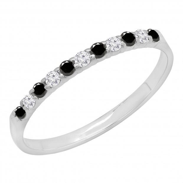 0.20 Carat (ctw) 14k White Gold Round Black & White Diamond Ladies Anniversary Wedding Ring Stackable Band 1/5 CT